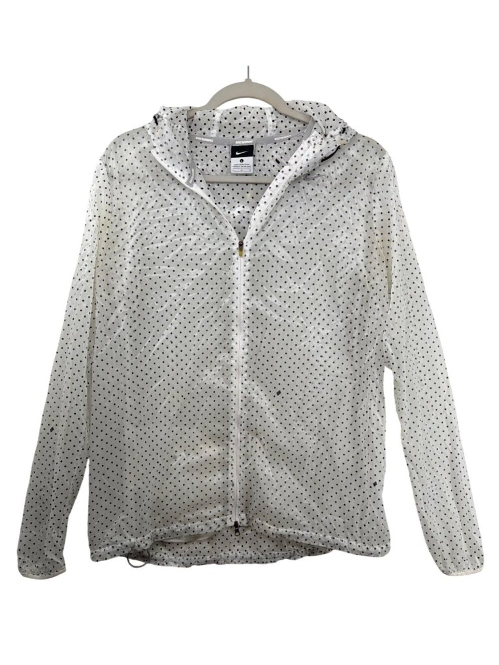 Nike Running Womens Rain Jacket Sz L Clear/Black Polka Dot Pockets Full Zip Logo